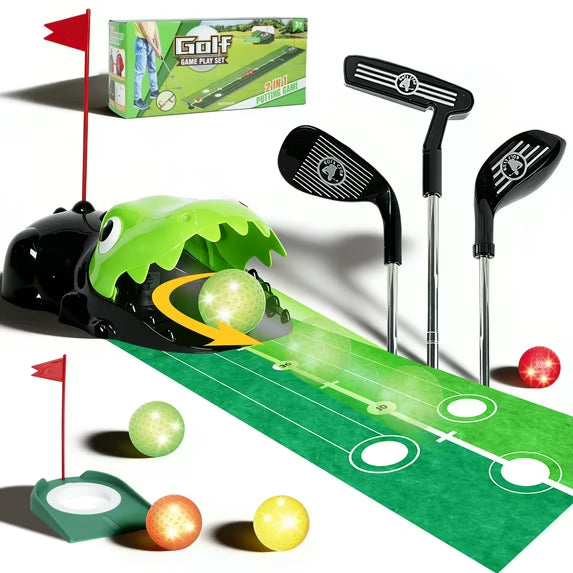 JUGAAD LIFE Toddler Golf Set Kids Toy Golf Clubs Set with Dinosaur Automatic Ball Returner 3 Clubs & Putting Mat Golf Game Indoor Outdoor Sport Toys Gift for Boys Girls 3 4 5 6+ Years Old - Green
